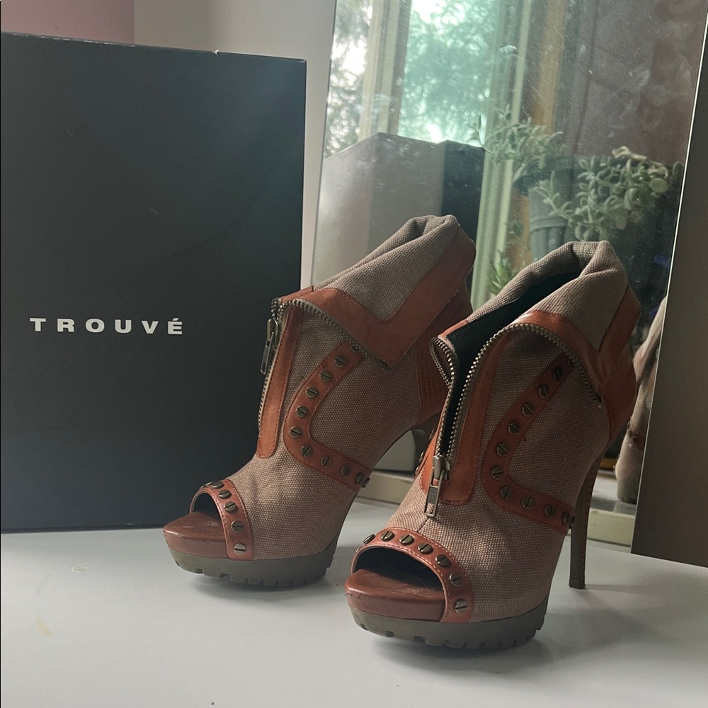 Trouve Tan and Brown Peep-Toe Heels